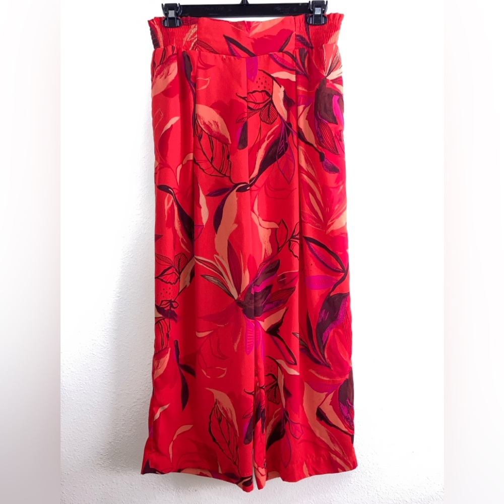 A New Day Floral Wide Leg Pants Size L Red Orange High Rise